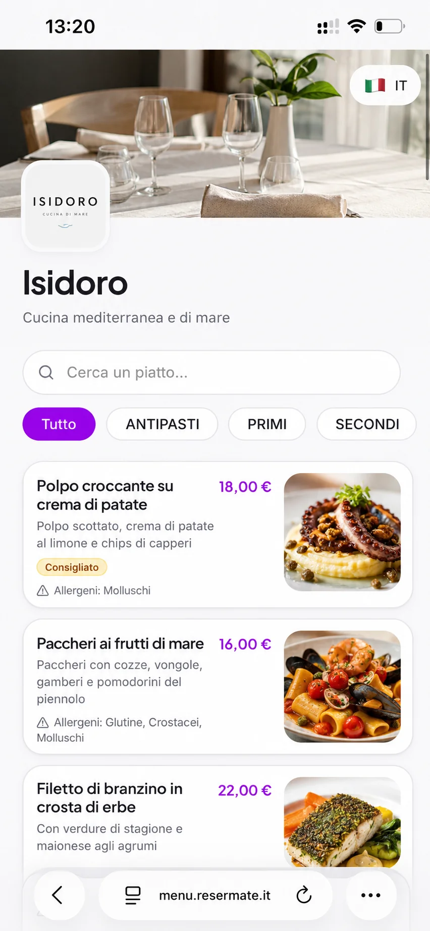 Esempio di menu digitale del ristorante Isidoro su smartphone