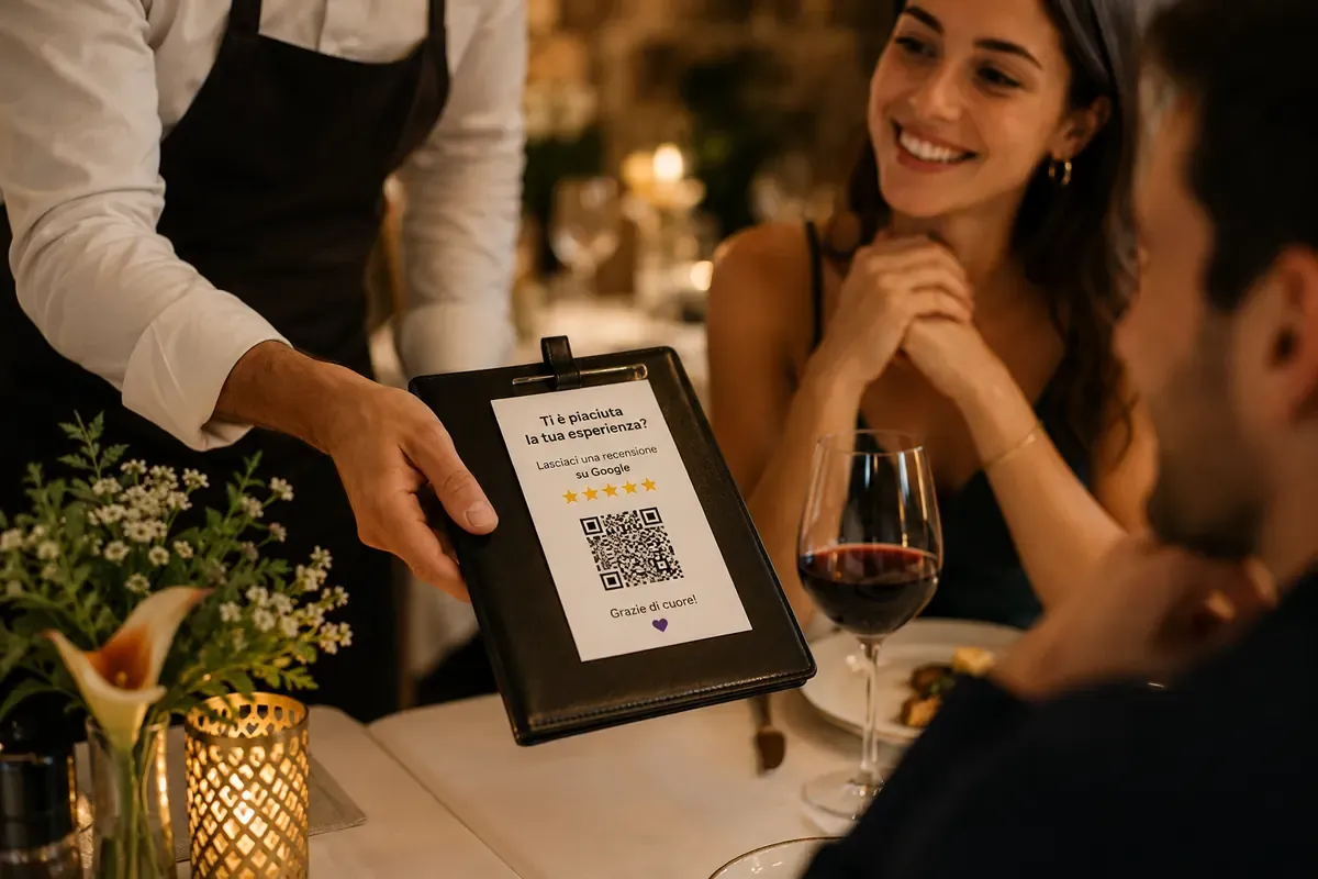 cameriere mostra un QR code per lasciare una recensione su Google